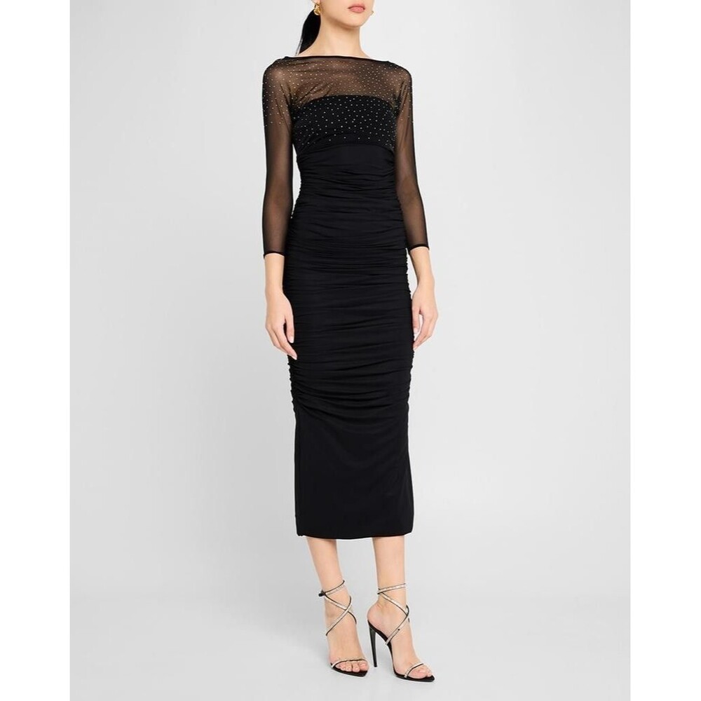 Chiara Boni La Petite Robe Gyun Ruched Rhinestone Illusion Midi Dress Sz 12 NWT